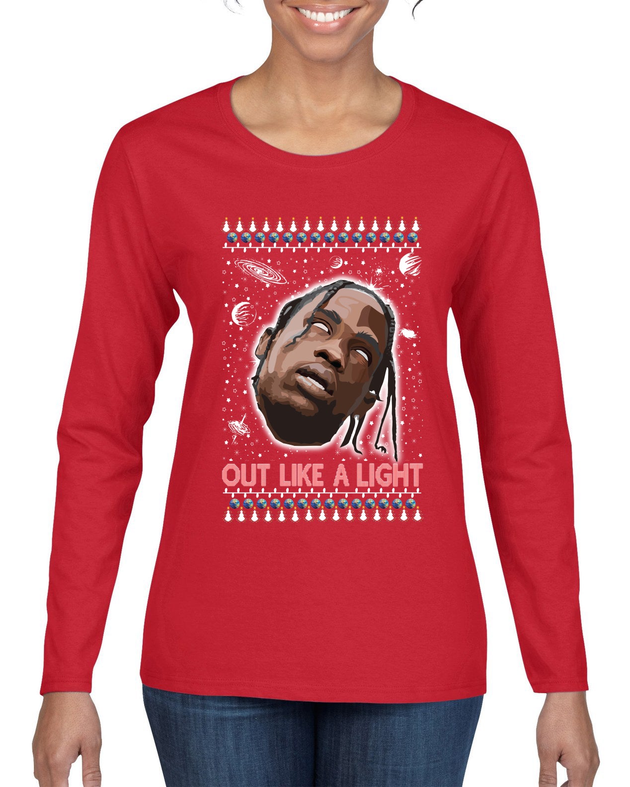 Out Like a Light, Christmas Gifts, Funny Xmas Gift Idea, Ugly Christmas Sweater Womens Graphic Long Sleeve T-Shirt