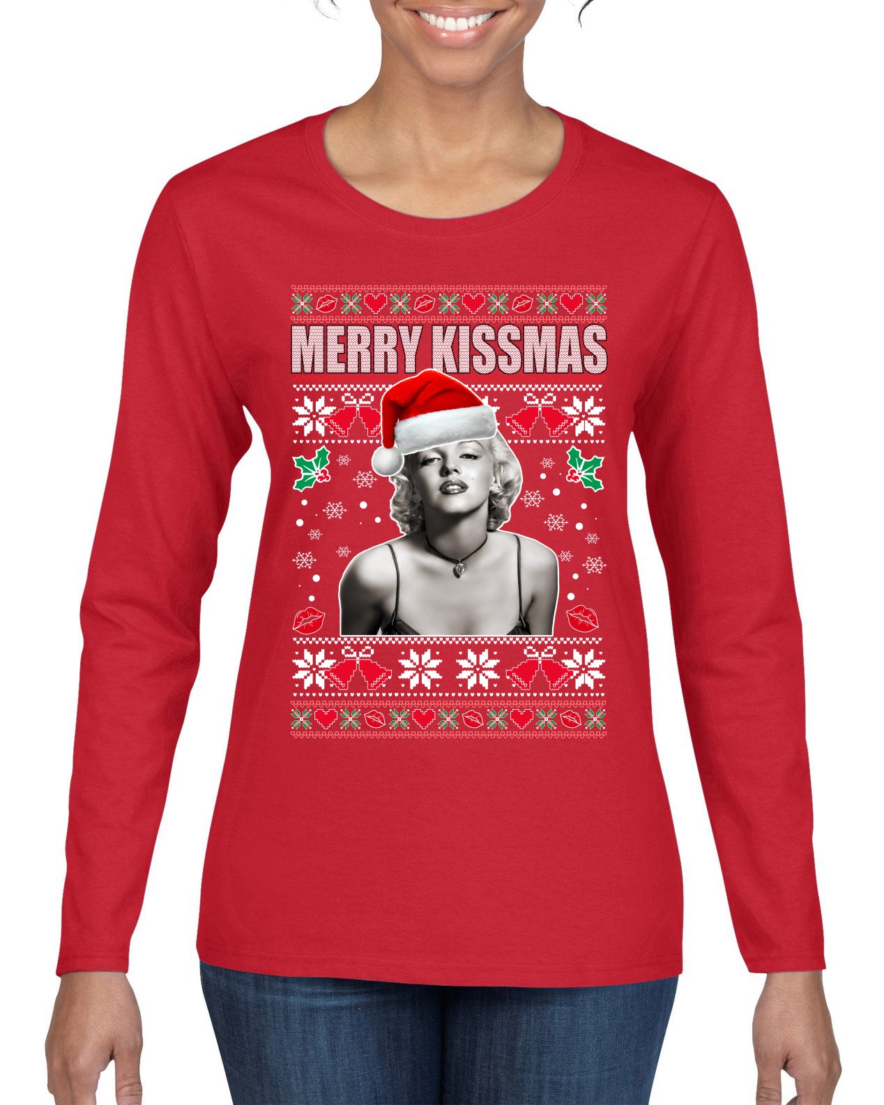 Merry Kissmas Marilyn Monroe, Christmas Gifts, Funny Xmas Gift Idea, Ugly Christmas Sweater Womens Graphic Long Sleeve T-Shirt