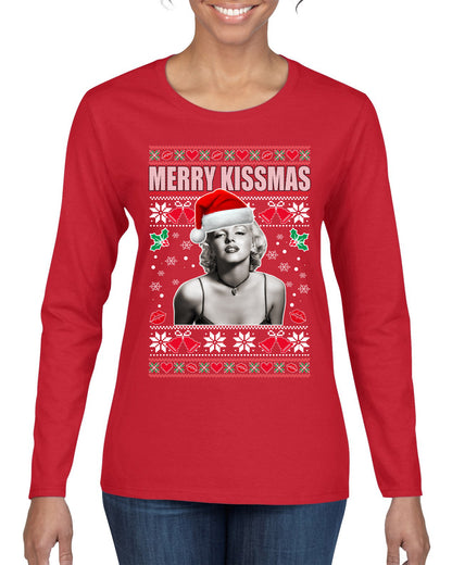 Merry Kissmas Marilyn Monroe, Christmas Gifts, Funny Xmas Gift Idea, Ugly Christmas Sweater Womens Graphic Long Sleeve T-Shirt