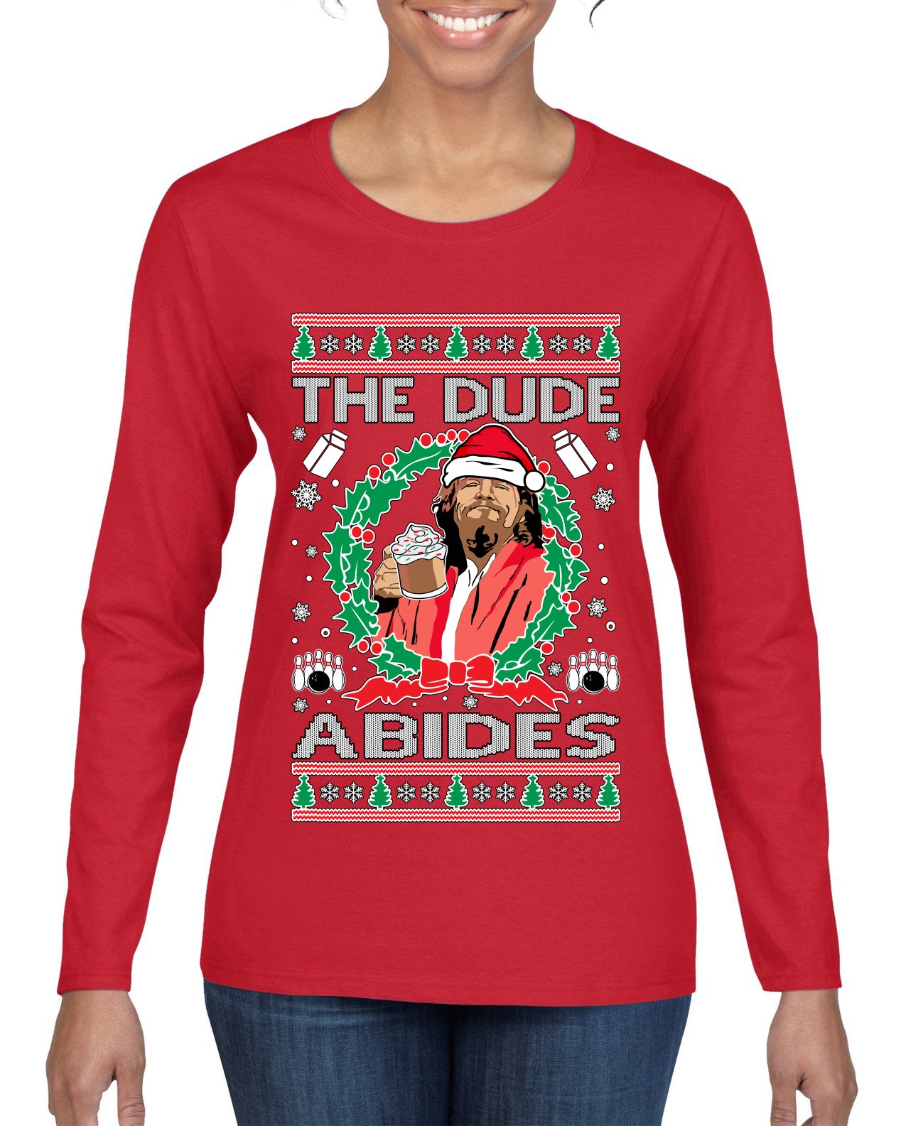Big Lebowski - The Dude Abides, Christmas Gifts, Funny Xmas Gift Idea, Ugly Christmas Sweater Womens Graphic Long Sleeve T-Shirt