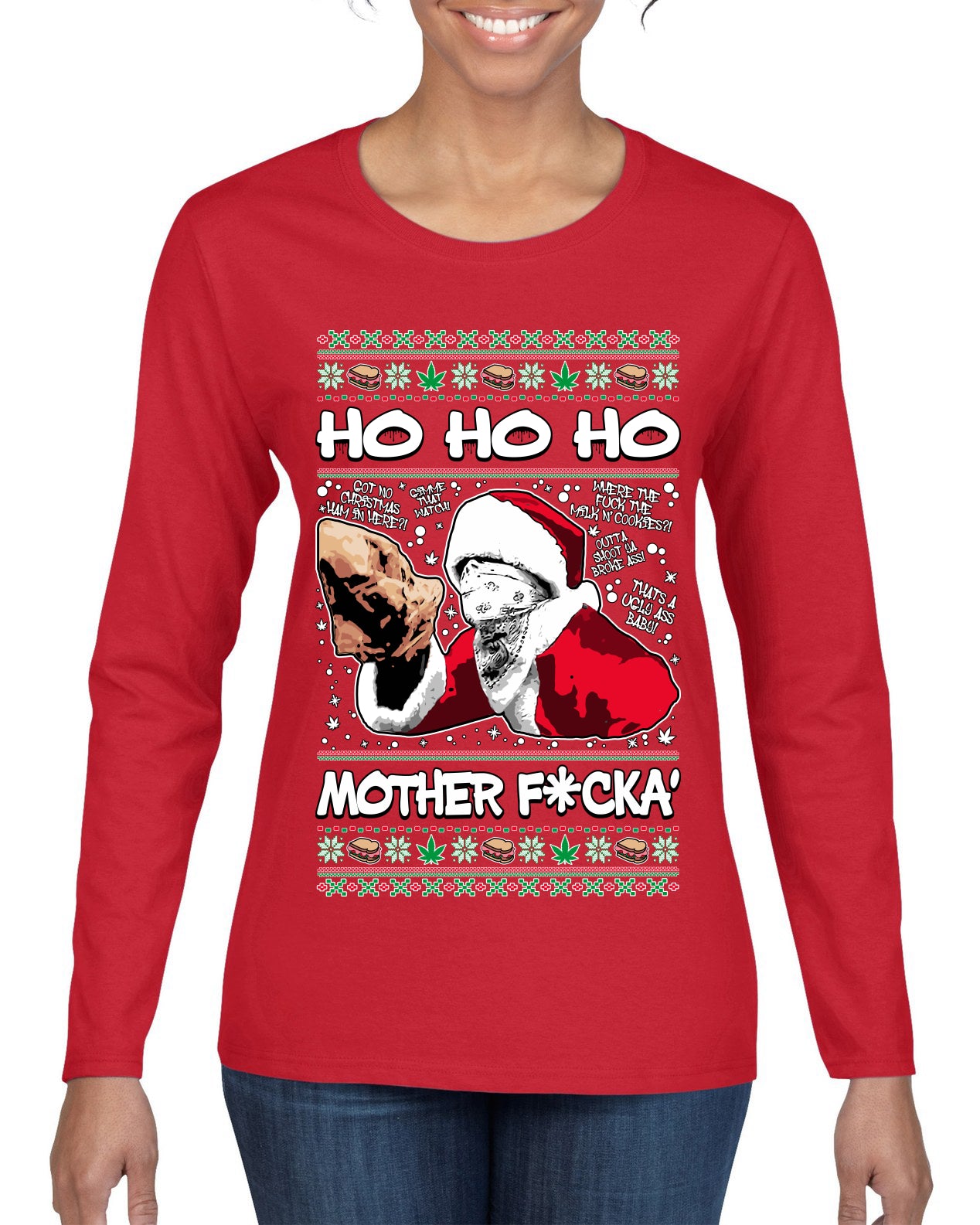 Friday Hood Santa , Merry Christmas Tee, Ugly Christmas,  Sweater Womens Graphic Long Sleeve T-Shirt