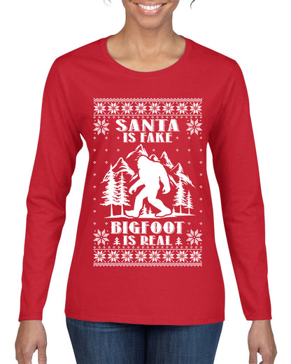 Santa Is Fake Bigfoot Is Real ,Christmas Gifts, Funny Xmas Gift Idea, Ugly Christmas Sweater Womens Graphic Long Sleeve T-Shirt