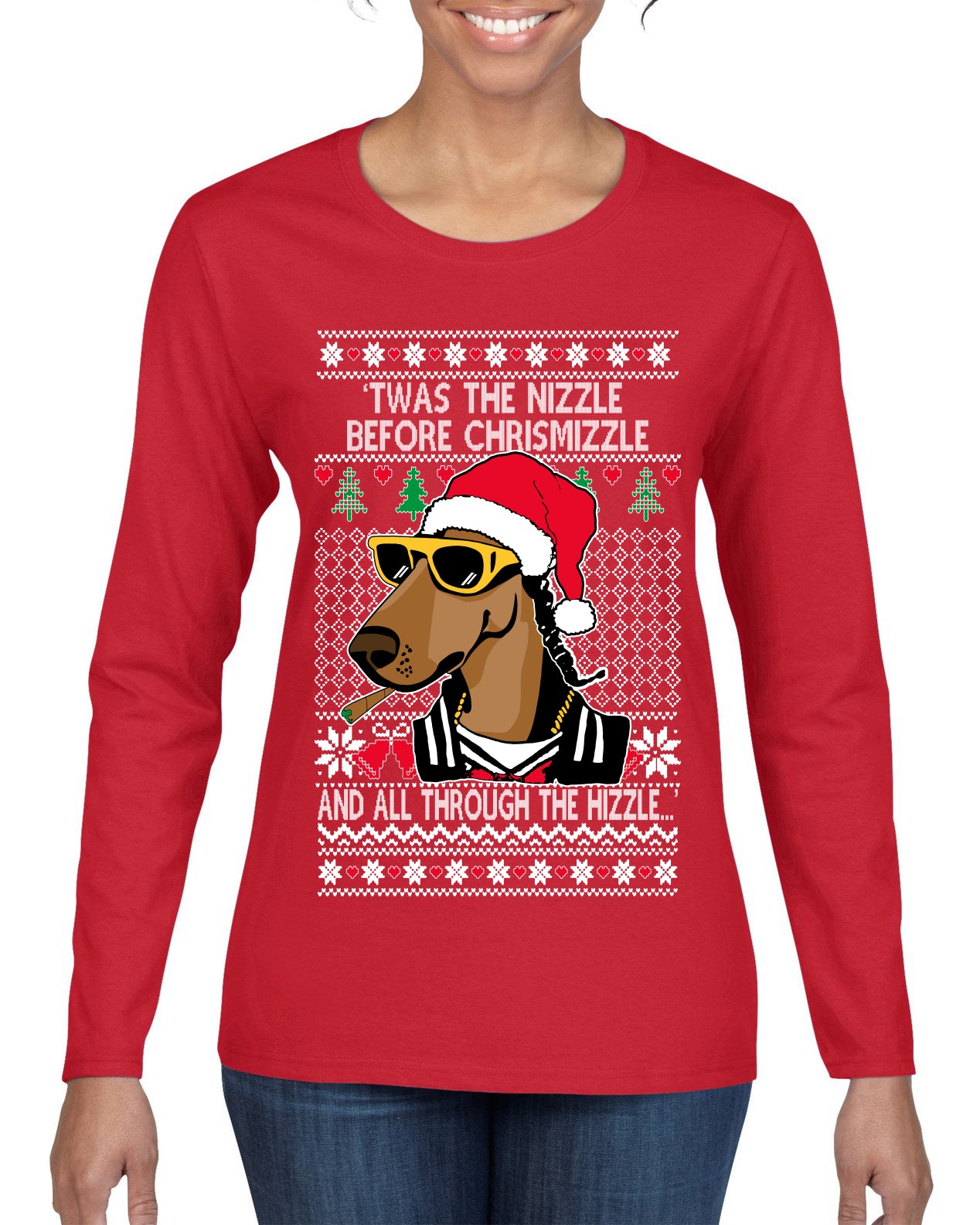 Twas The Nizzle Before Chrismizzle Gangster Dogg Rapper, Christmas Gifts, Funny Xmas Gift Idea, Ugly Christmas Sweater Womens Graphic Long Sleeve T-Shirt