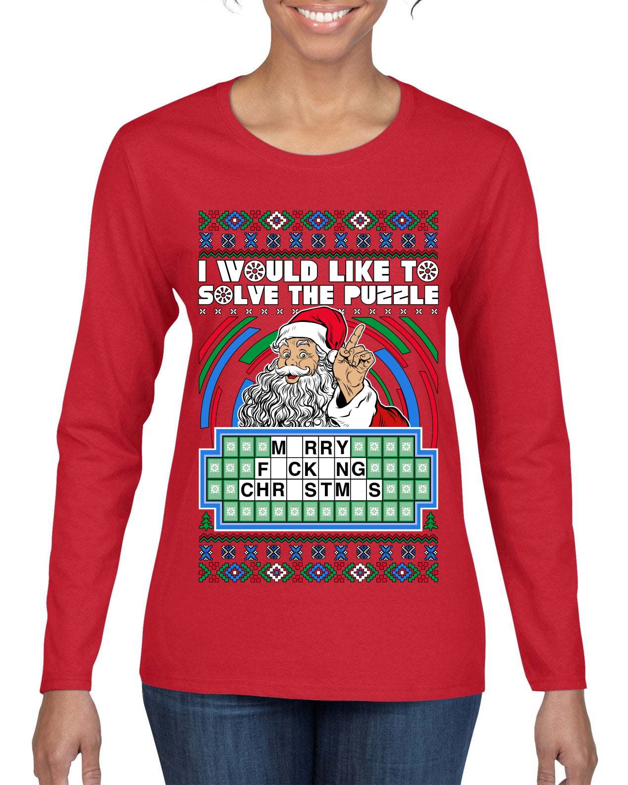 Santa Game Show I'd Like To Solve the Puzzle Wheel Ugly Christmas Sweater, Christmas Gifts, Funny Xmas Gift Idea, Womens Graphic Long Sleeve T-Shirt