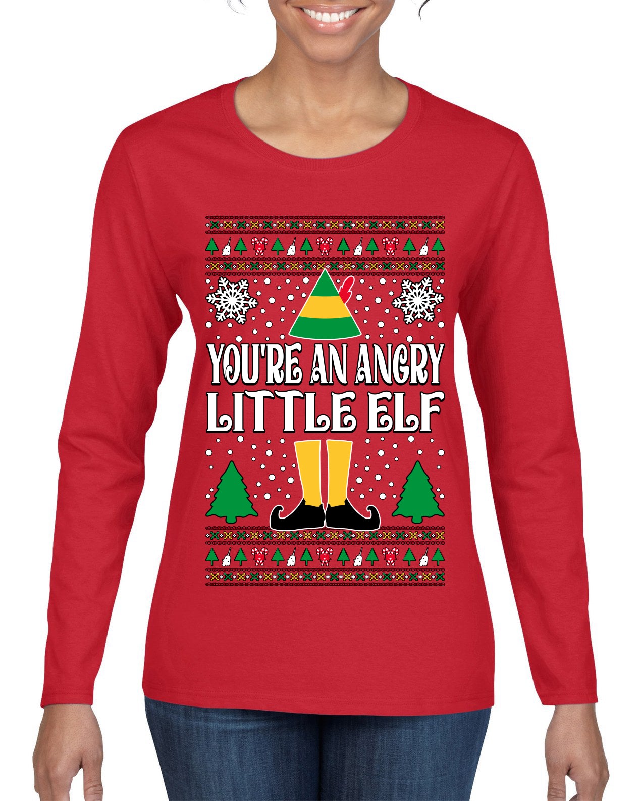 You're An Angry Little Elf Christmas Movie Quote, Christmas Gifts, Funny Xmas Gift Idea, Ugly Christmas Sweater Womens Graphic Long Sleeve T-Shirt