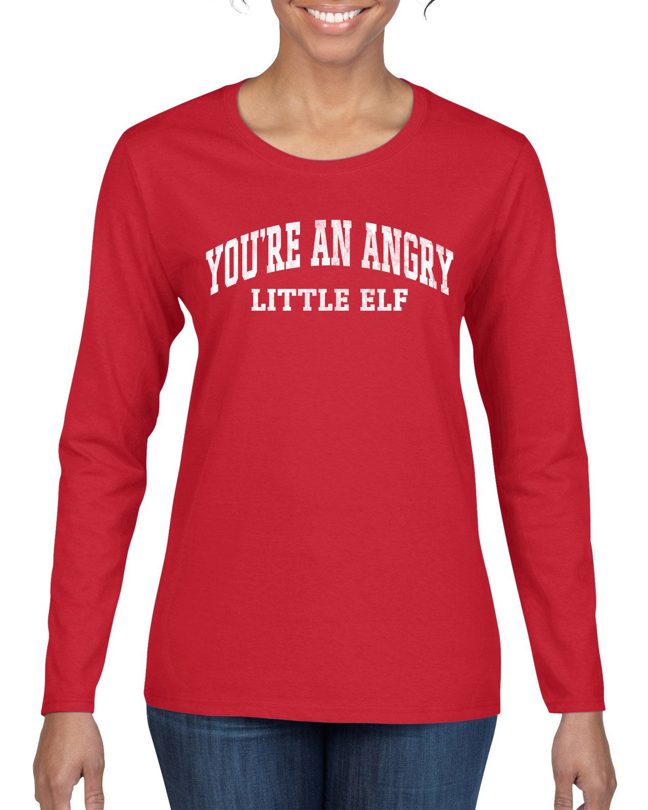 Vintage Movie Quote You're An Angry Little Elf, Christmas Gifts, Funny Xmas Gift Idea, Ugly Christmas Sweater Womens Graphic Long Sleeve T-Shirt