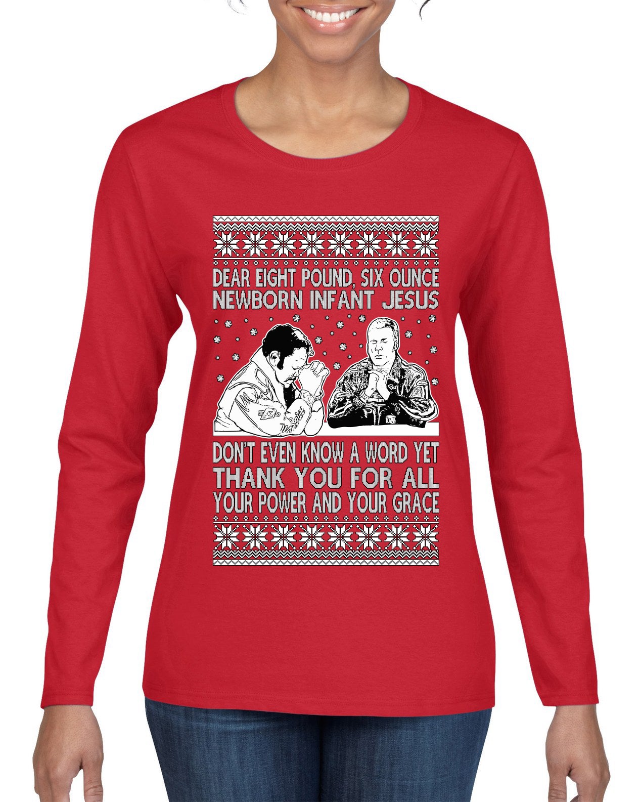 8 Pound 6 Ounce Baby Jesus Shake and Bake, Birthday Jesus,Christmas Gifts, Funny Xmas Gift Idea, Ugly Christmas Sweater Womens Graphic Long Sleeve T-Shirt