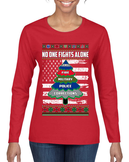 No One Fights Alone, The Heroes,  Christmas Gifts, Funny Xmas Gift Idea, Ugly Christmas Sweater Womens Graphic Long Sleeve T-Shirt