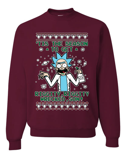 Tis The Season To Get Riggity, Riggity Wrecked, Son! Anime, Christmas Gifts, Funny Xmas Gift Idea, Ugly Christmas Sweater Unisex Crewneck Sweatshirt