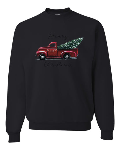 Men's Graphic Shirt, Red Pick Up Truck, Merry Christmas Ugly Christmas Sweater Unisex Crewneck Sweatshirt