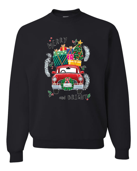 Men's Christmas Long Sleeve Shirt, Merry and Bright Red Car Ugly Christmas Sweater Unisex Crewneck Sweatshirt