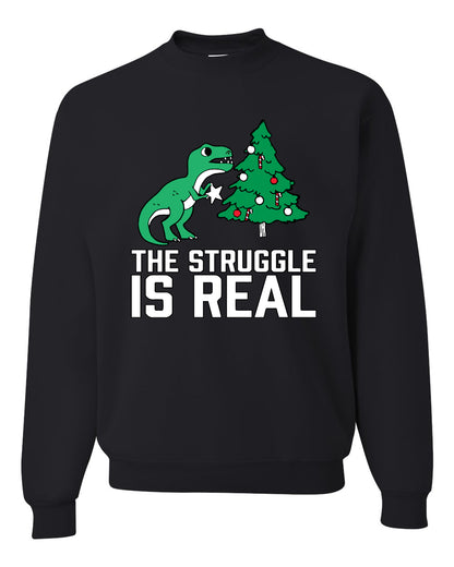 Women's Ugly Christmas Sweater, The Struggle is Real, Christmas T-Rex, Long Sleeve Scoop Top Ugly Christmas Sweater Unisex Crewneck Sweatshirt