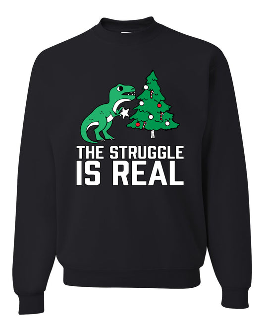 Women's Ugly Christmas Sweater, The Struggle is Real, Christmas T-Rex, Long Sleeve Scoop Top Ugly Christmas Sweater Unisex Crewneck Sweatshirt