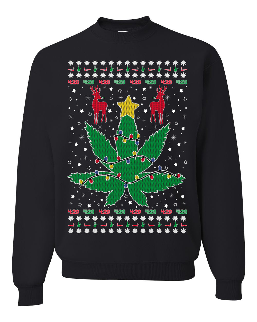 Crewneck Graphic Ugly Holiday Unisex Sweater Sweatshirt Christmas Lights, Deer Marijuana Lit Leaf Weed Pot  Ugly Christmas Sweater Unisex Crewneck Sweatshirt