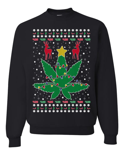 Crewneck Graphic Ugly Holiday Unisex Sweater Sweatshirt Christmas Lights, Deer Marijuana Lit Leaf Weed Pot  Ugly Christmas Sweater Unisex Crewneck Sweatshirt