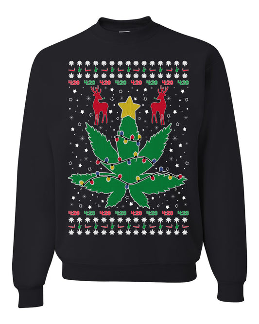 Crewneck Graphic Ugly Holiday Unisex Sweater Sweatshirt Christmas Lights, Deer Marijuana Lit Leaf Weed Pot  Ugly Christmas Sweater Unisex Crewneck Sweatshirt