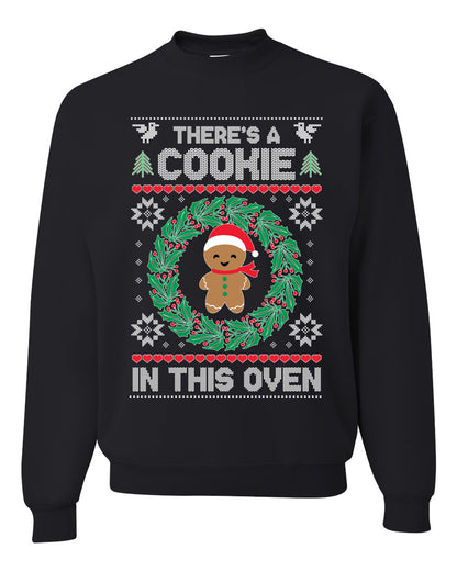 Women's Ugly Christmas  Sweater "Theres a Cookie in this Oven" Pregnancy Announcement Long Sleeve T-Shirt Ugly Christmas Sweater Unisex Crewneck Sweatshirt