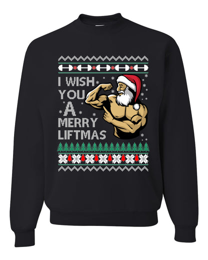 Group 3 Design Unisex Ugly Xmas Sweater Crewneck Graphic, Santa Fitness Workout, Merry Liftmas, Gym Swole Gift Ugly Christmas Sweater Unisex Crewneck Sweatshirt
