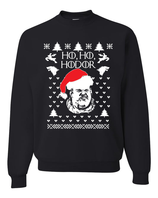 Unisex Graphic GoT Ugly Xmas Crewneck Sweater, "Ho Ho Hodor" Ugly Christmas Sweater Unisex Crewneck Sweatshirt