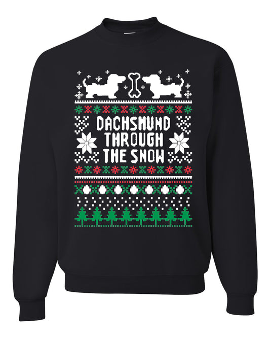 Graphic Daschund Through The Snow Christmas Wild Bobby Ugly Christmas Butcher Apron BBQ Grilling, Kitchen Cooking Ugly Christmas Sweater Unisex Crewneck Sweatshirt