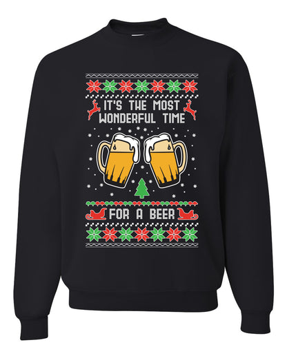Men's Ugly Christmas Sweater Long Sleeve Shirt, "It's The Most Wonderful Time for a Beer" Ugly Christmas Sweater Unisex Crewneck Sweatshirt
