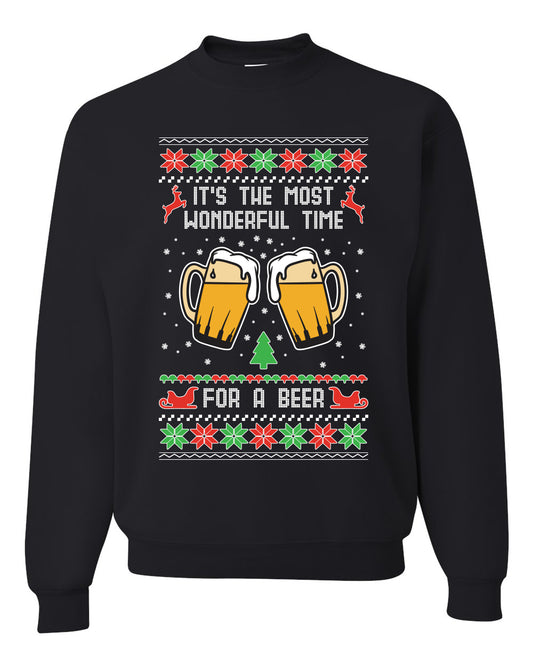 Men's Ugly Christmas Sweater Long Sleeve Shirt, "It's The Most Wonderful Time for a Beer" Ugly Christmas Sweater Unisex Crewneck Sweatshirt