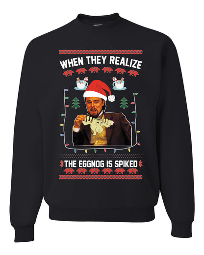 Unisex Graphic Ugly Christmas Crewneck Sweater Sweatshirt, Leo Laughing Dank Meme, When they Realize the Eggnog is Spiked  Ugly Christmas Sweater Unisex Crewneck Sweatshirt