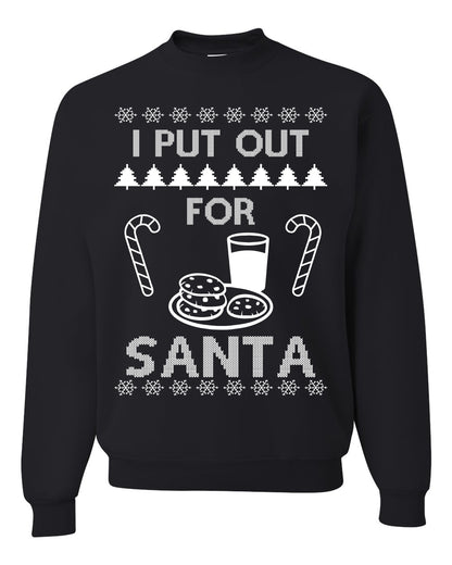 Funny Adult Men's Ugly Holiday Xmas Sweater, "I Put Out for Santa", Milk Cookies Candy Ugly Christmas Sweater Unisex Crewneck Sweatshirt