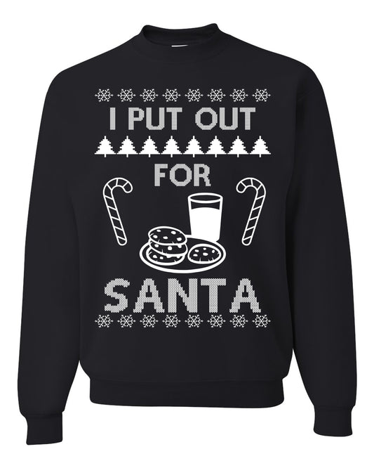 Funny Adult Men's Ugly Holiday Xmas Sweater, "I Put Out for Santa", Milk Cookies Candy Ugly Christmas Sweater Unisex Crewneck Sweatshirt