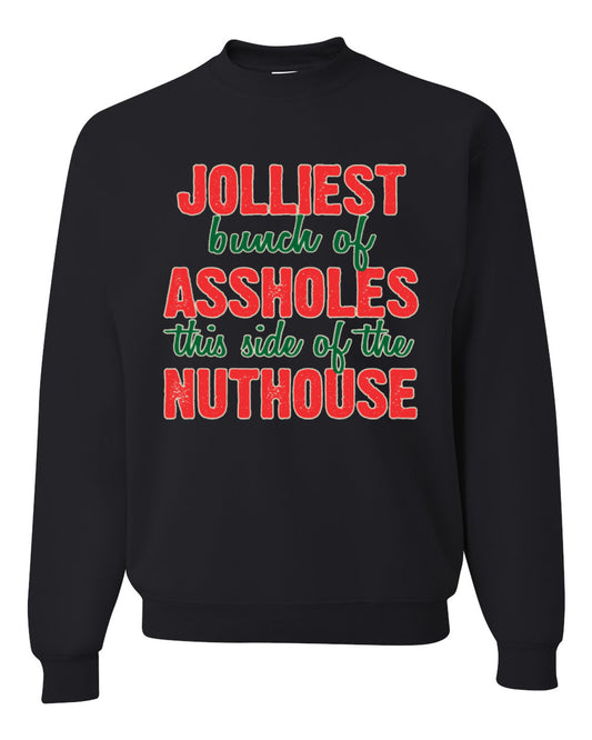 Ugly Christmas Butcher Graphic Apron, Cooking BBQ Grilling Kitchen, "Jolliest Bunch of Assholes This Side of Nuthouse", Wild Bobby Ugly Christmas Sweater Unisex Crewneck Sweatshirt
