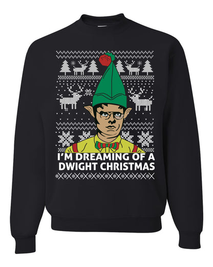 Funny Graphic Shirt Ugly Xmas Holiday Sweater Sweatshirt Women's The Office Schrute "I'm Dreaming of a Dwight Christmas" Wild Bobby Ugly Christmas Sweater Unisex Crewneck Sweatshirt