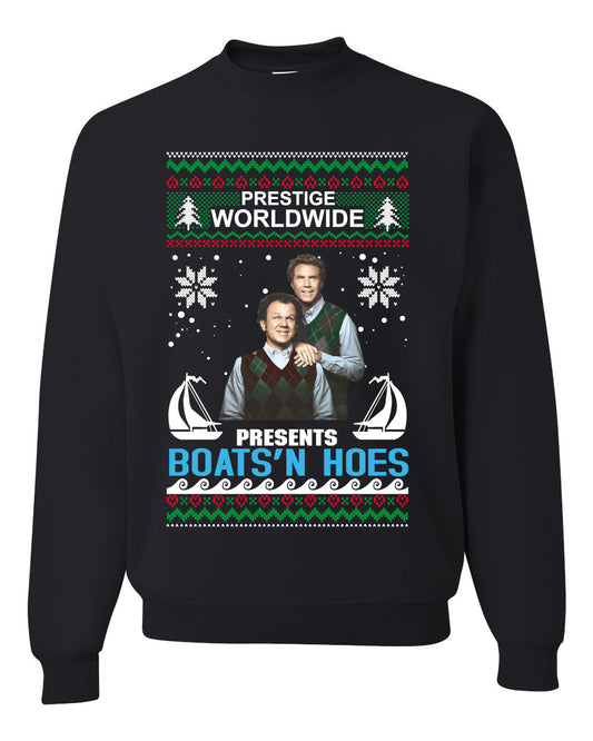 Prestige Worldwide Boats N' Hoes Step Brothers, Christmas Gifts, Funny Xmas Gift Idea, Ugly Christmas Sweater Unisex Crewneck Sweatshirt