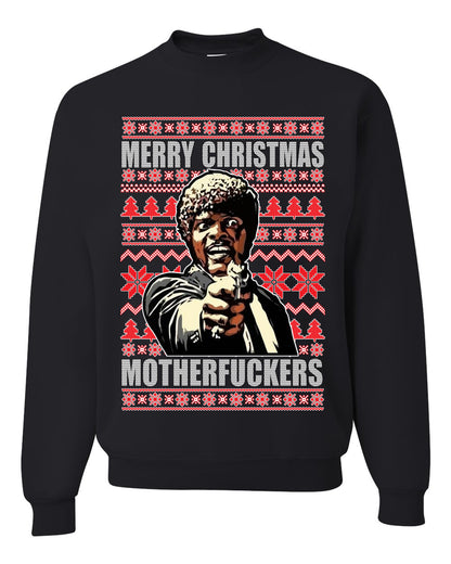Unisex Graphic Ugly Xmas Sweater Crewneck Sweatshirt, Merry Christmas Motherfuckers Ugly Christmas Sweater Unisex Crewneck Sweatshirt
