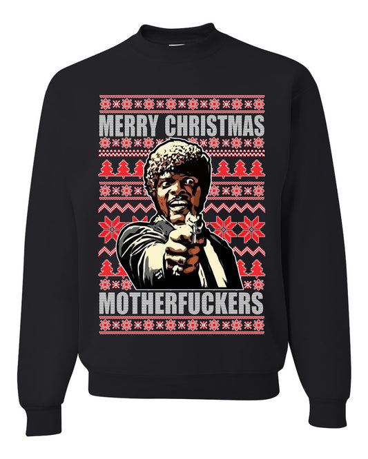 Unisex Graphic Ugly Xmas Sweater Crewneck Sweatshirt, Merry Christmas Motherfuckers Ugly Christmas Sweater Unisex Crewneck Sweatshirt