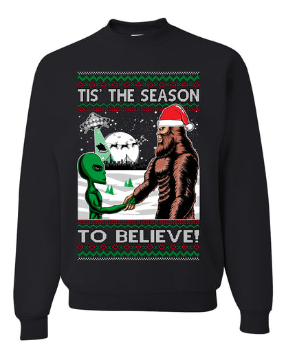 Ugly Unisex Crewneck Christmas Sweater "Bigfoot "Tis' The Season to Believe in Conspiracies, Aliens, and Ufo" Ugly Christmas Sweater Unisex Crewneck Sweatshirt
