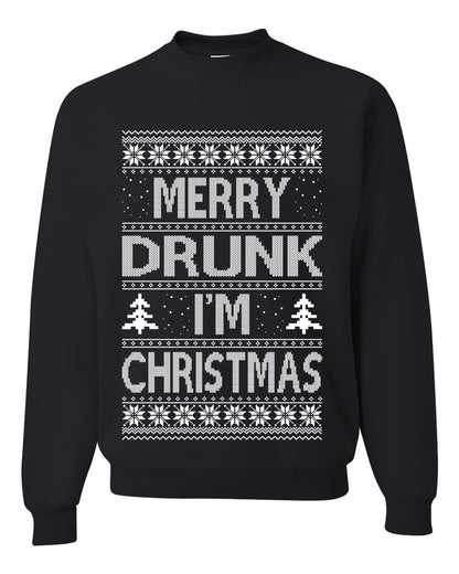 Unisex Graphic Funny Ugly Xmas Sweater Crewneck Sweatshirt, Merry Drunk I'm Christmas, Wine Beer  Drinking, Shark & Hammer Ugly Christmas Sweater Unisex Crewneck Sweatshirt