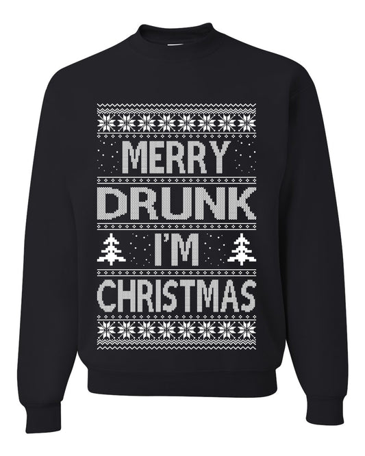 Unisex Graphic Funny Ugly Xmas Sweater Crewneck Sweatshirt, Merry Drunk I'm Christmas, Wine Beer  Drinking, Shark & Hammer Ugly Christmas Sweater Unisex Crewneck Sweatshirt