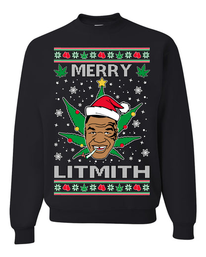 Unisex Ugly Xmas Crewneck Sweater Sweatshirt, Merry Lithmith Tyson, Joint Weed Pot Leaf Stoner Ugly Christmas Sweater Unisex Crewneck Sweatshirt