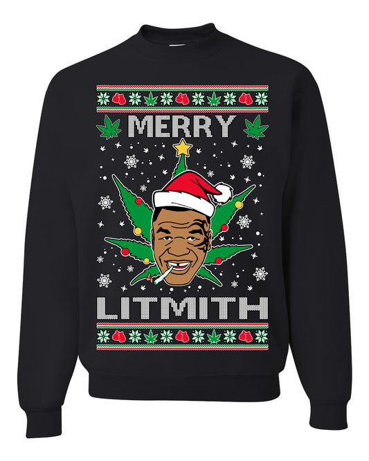 Unisex Ugly Xmas Crewneck Sweater Sweatshirt, Merry Lithmith Tyson, Joint Weed Pot Leaf Stoner Ugly Christmas Sweater Unisex Crewneck Sweatshirt
