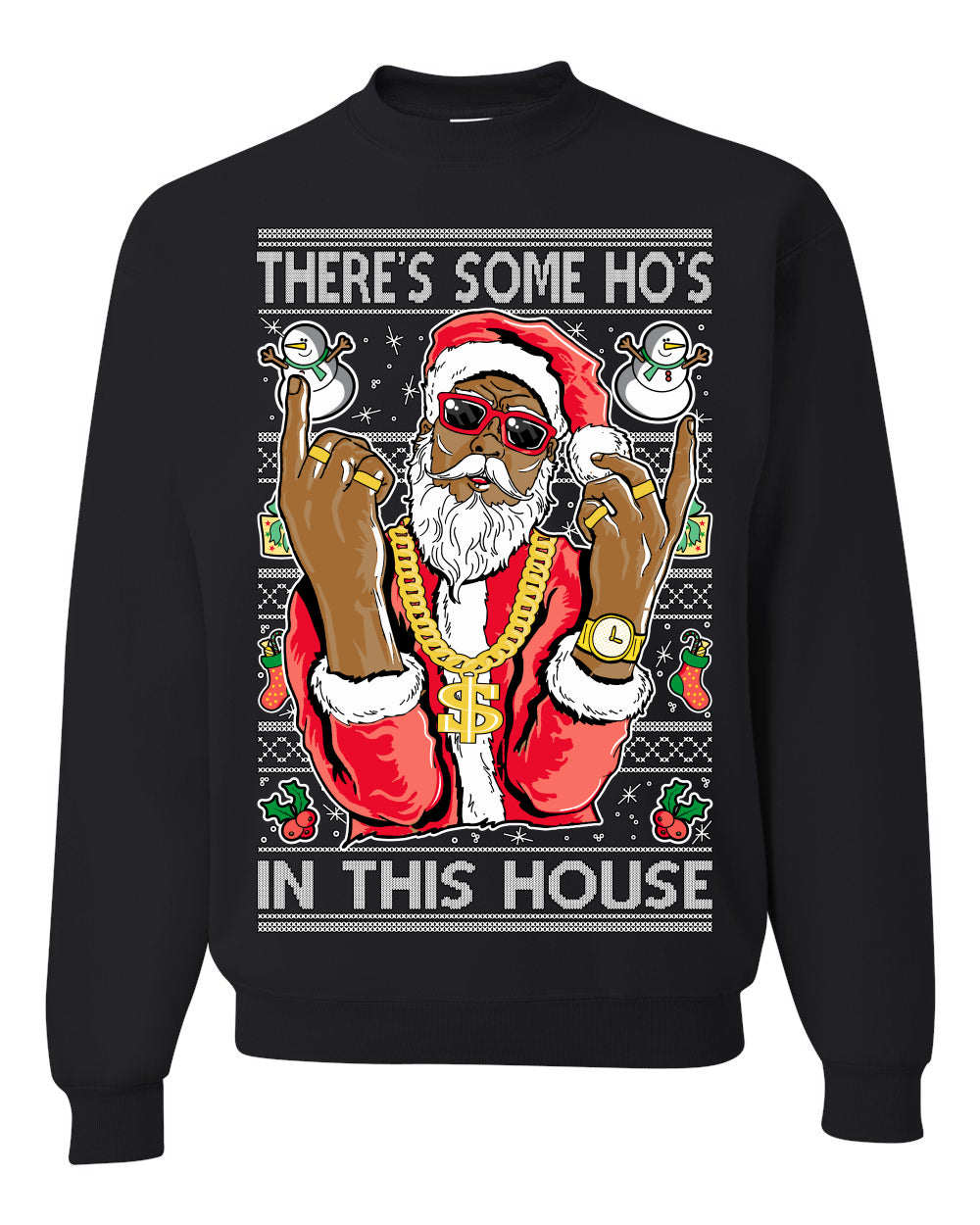 Crewneck Ugly Holiday Unisex Sweatshirt Sweater Graphic Black Santa Claus Gangster Bling Ho's In This House, Shark & Hammer Ugly Christmas Sweater Unisex Crewneck Sweatshirt