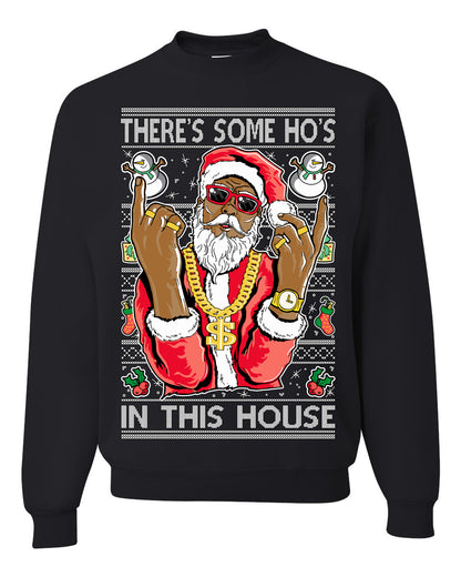 Crewneck Ugly Holiday Unisex Sweatshirt Sweater Graphic Black Santa Claus Gangster Bling Ho's In This House, Shark & Hammer Ugly Christmas Sweater Unisex Crewneck Sweatshirt