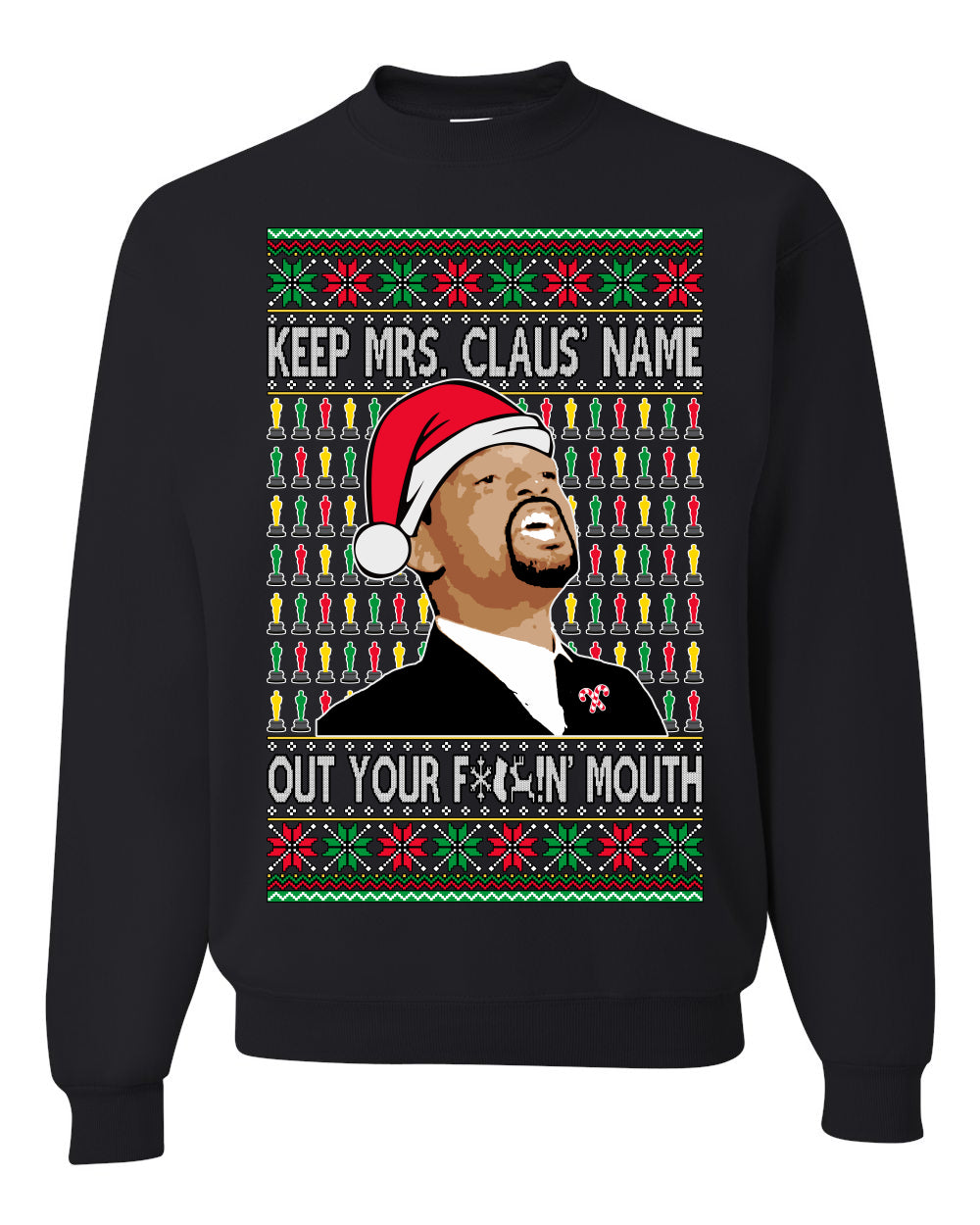 Unisex Ugly Xmas Graphic Crewneck Sweater Sweatshirt Will Smith Slaps Chris Rock Meme Mrs Claus' Name Out Your Mouth Shark & Hammer Ugly Christmas Sweater Unisex Crewneck Sweatshirt