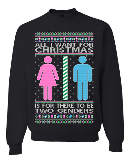 All I Want For Christmas Is For There To Be Two Genders, Christmas Gifts, Funny Xmas Gift Idea Ugly Christmas Sweater Unisex Crewneck Sweatshirt