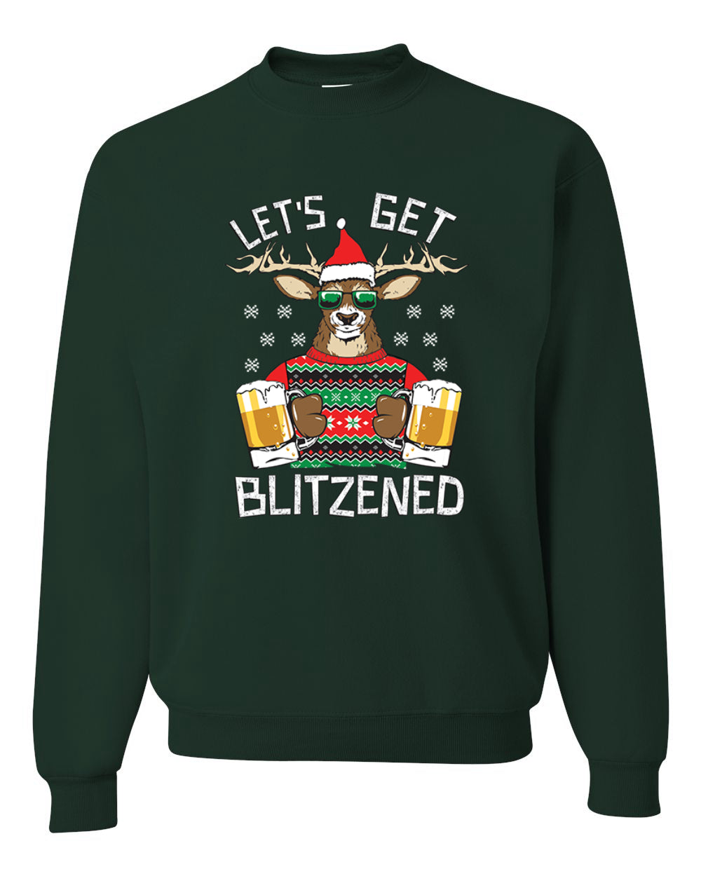 Unisex Ugly Xmas Graphic Crewneck Sweater Sweatshirt Lets Get Blitzened Deer With Beer Ugly Christmas Sweater Unisex Crewneck Sweatshirt
