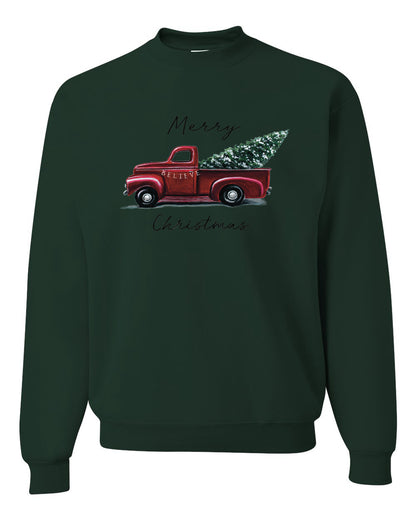 Men's Graphic Shirt, Red Pick Up Truck, Merry Christmas Ugly Christmas Sweater Unisex Crewneck Sweatshirt