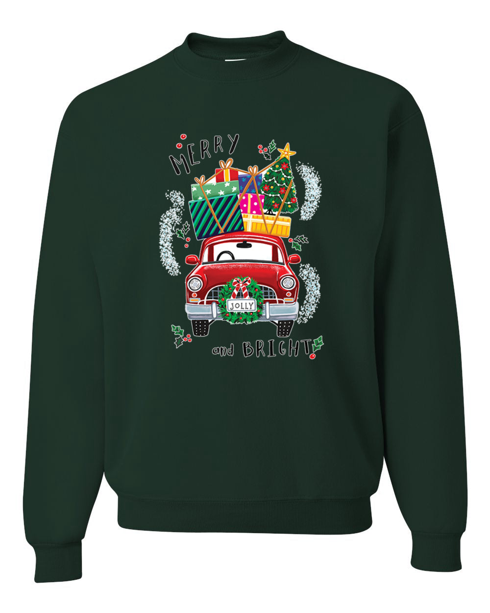 Men's Christmas Long Sleeve Shirt, Merry and Bright Red Car Ugly Christmas Sweater Unisex Crewneck Sweatshirt