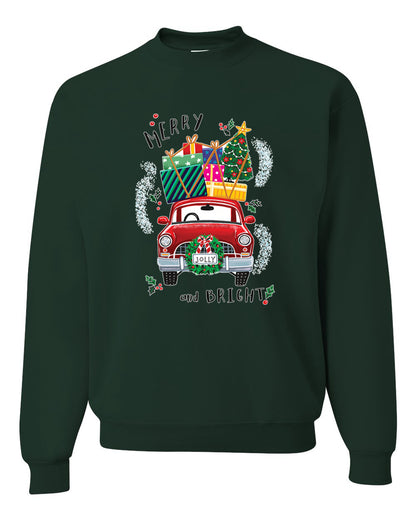 Men's Christmas Long Sleeve Shirt, Merry and Bright Red Car Ugly Christmas Sweater Unisex Crewneck Sweatshirt
