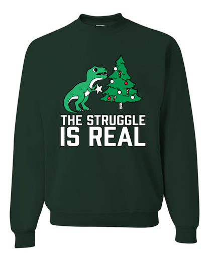 Women's Ugly Christmas Sweater, The Struggle is Real, Christmas T-Rex, Long Sleeve Scoop Top Ugly Christmas Sweater Unisex Crewneck Sweatshirt