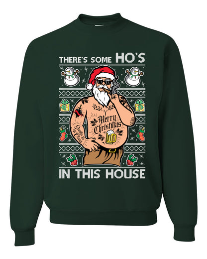 "There's Some Ho's In This House" Crewneck Graphic Unisex Ugly Holiday Xmas Sweater Sweatshirt, Wild Bobby Ugly Christmas Sweater Unisex Crewneck Sweatshirt