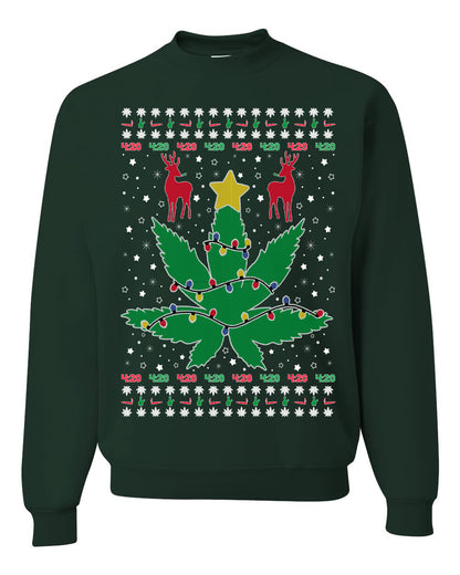 Crewneck Graphic Ugly Holiday Unisex Sweater Sweatshirt Christmas Lights, Deer Marijuana Lit Leaf Weed Pot  Ugly Christmas Sweater Unisex Crewneck Sweatshirt